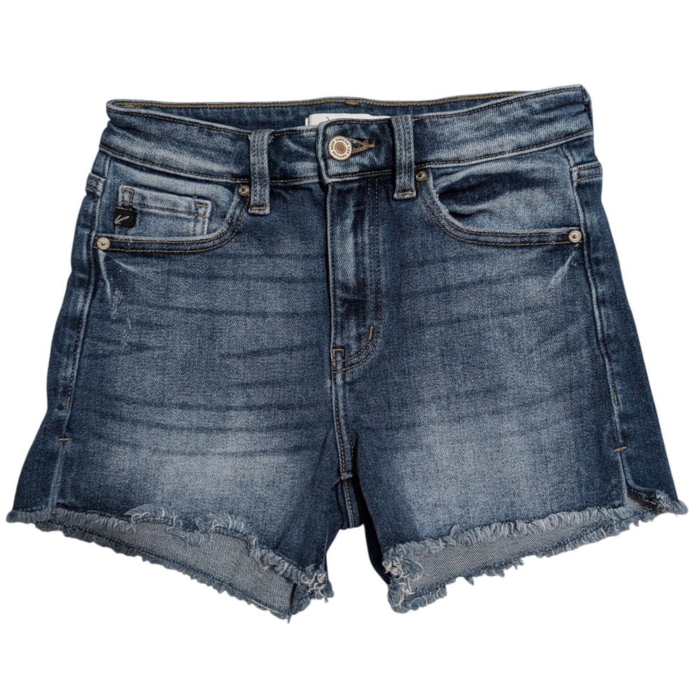 KanCan High Rise Distressed Frayed Side Slit Hem Denim Shorts Medium Wash Jr S